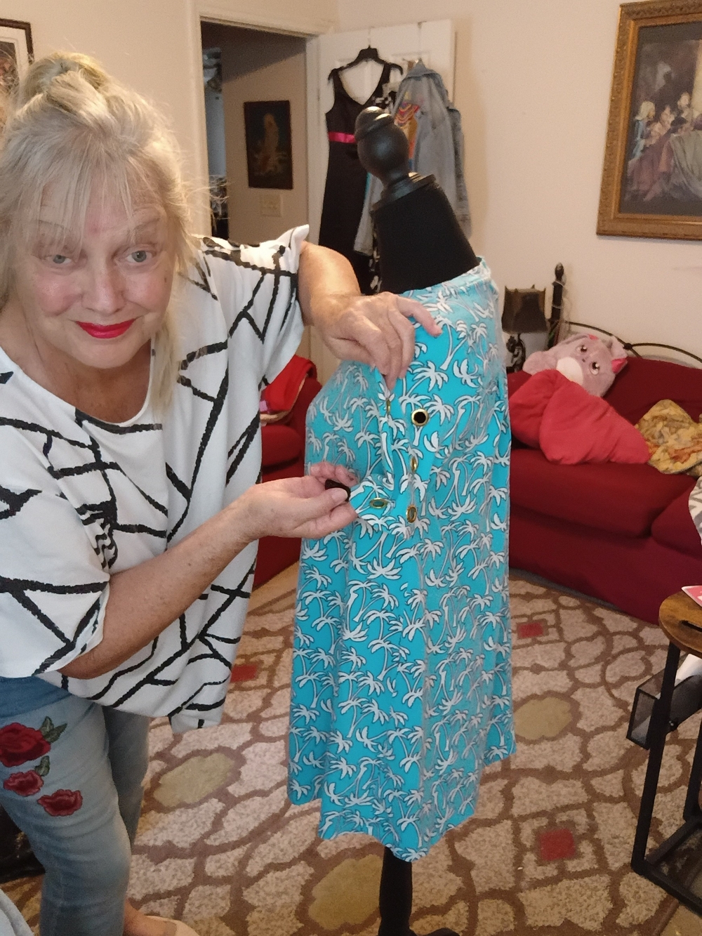 crown & ivy Turquoise Palm-Print Short Sleeve Dress Rivets Sleeves Extra Small - Picture 7 of 7
